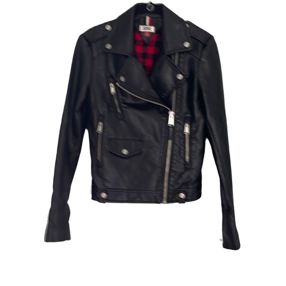 Tommy Hilfiger Jackets & Blazers - Tommy Hilfiger Vegan Leather Biker Jacket Size XS Black with Red Buffalo Plaid L